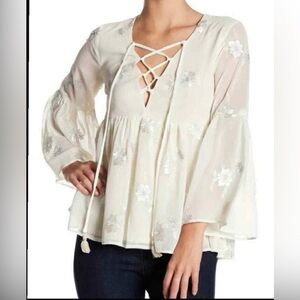 SHOW ME YOUR MUMU Cream Metallic Floral Embroidered Top